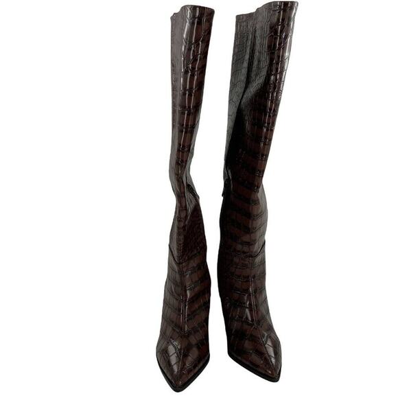 Comfort Faux Crocodile Print Boots Womens Brown Knee High Block Heel Size 7M - Picture 4 of 11